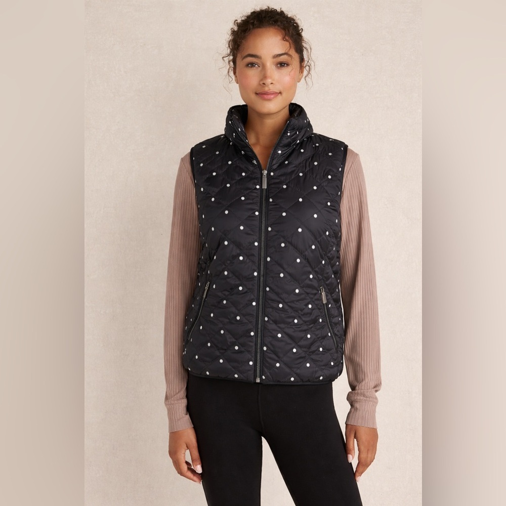 Talbots Petites P Polka Dot Quilted Puffer Vest Black White Zip Front